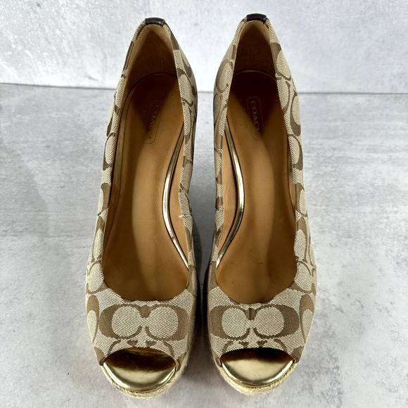 Coach Milan Platform Women's 10 B Brown Wedge Heel Peep Toe Signature Logo - Picture 3 of 10